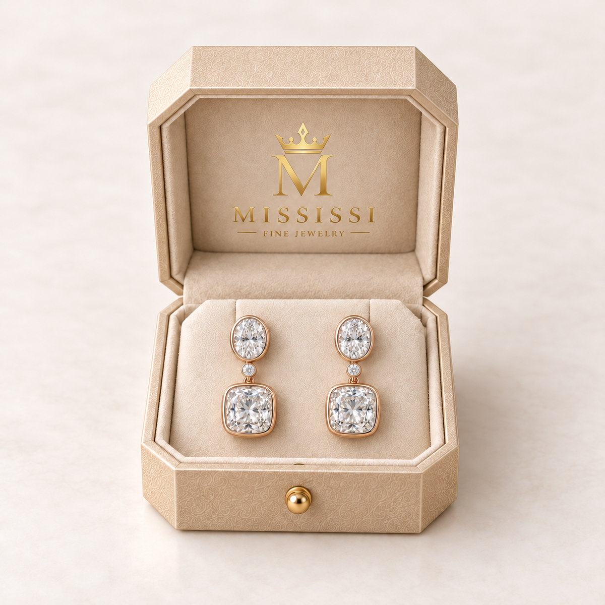 MISSISSI Floating Pebbles lab-grown diamond drop earrings in rose gold, presented as a pair in champagne octagonal packaging with crown M branding; design visualization.