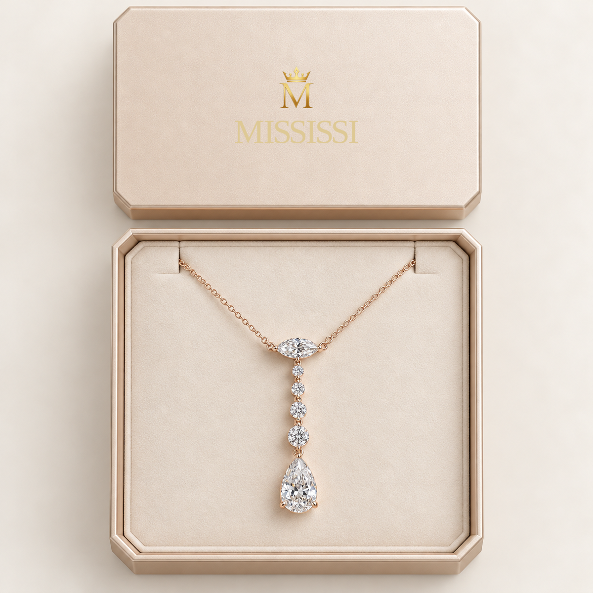MISSISSI AA18 packaging study design visualization in pale rose-gold color; proportions illustrative