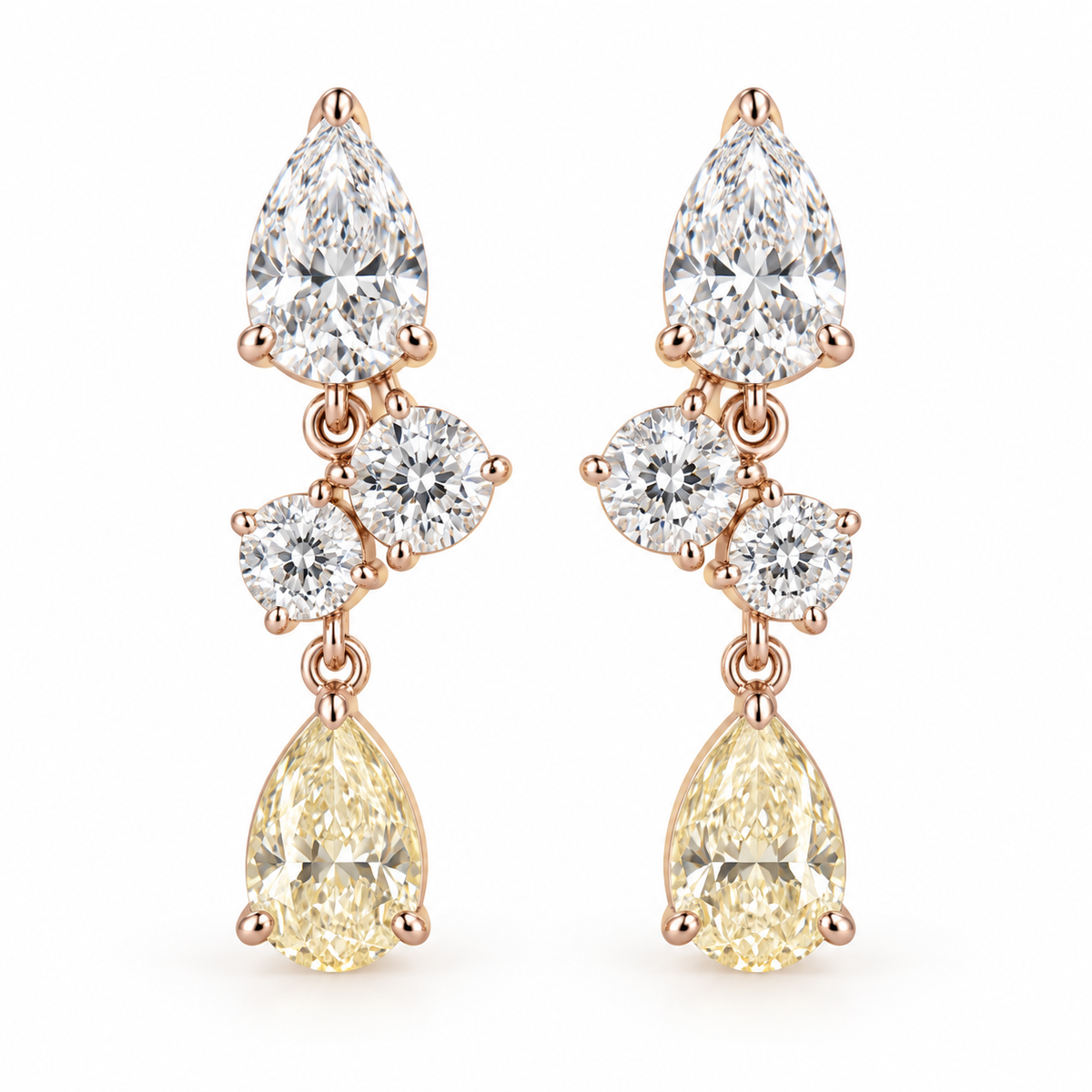 MISSISSI AA20 paired earrings in pale rose gold tone, front view showing a white pear-shaped diamond above two diagonally arranged round diamonds and a pale-yellow pear-shaped drop; design visualization