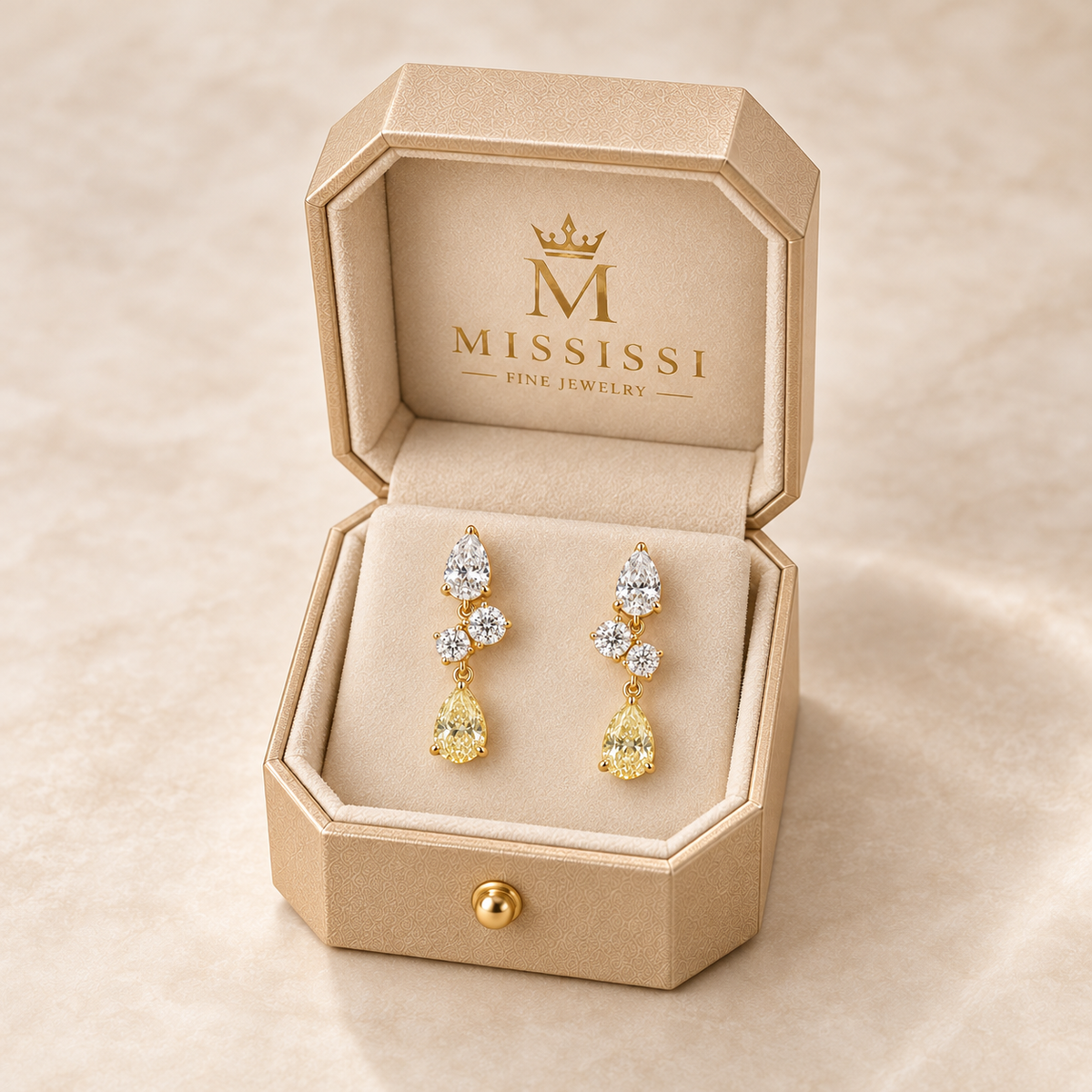 MISSISSI Yellow Lightfall pear lab-grown diamond drop earrings in yellow gold, presented as a pair in champagne octagonal packaging with crown M branding; design visualization.