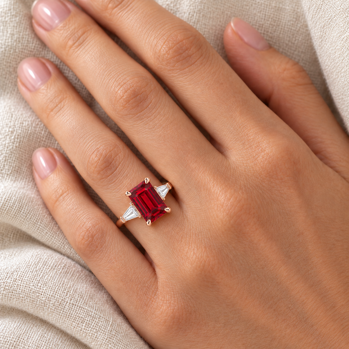 MISSISSI Red Meridian lab-grown ruby ring, rose gold, worn v3 design visualization