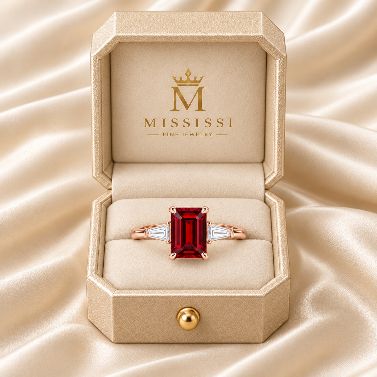 MISSISSI Red Meridian lab-grown ruby ring in rose gold, displayed in champagne octagonal packaging with crown M branding; design visualization.