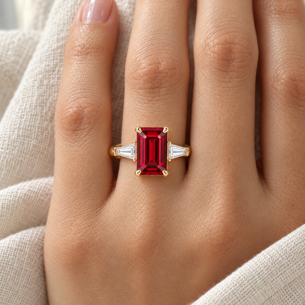 MISSISSI Red Meridian lab-grown ruby ring, yellow gold, worn v2 design visualization