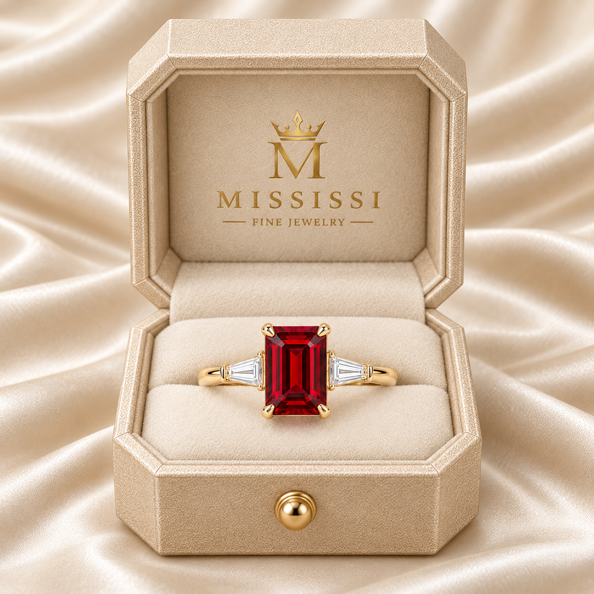 MISSISSI Red Meridian lab-grown ruby ring in yellow gold, displayed in champagne octagonal packaging with crown M branding; design visualization.
