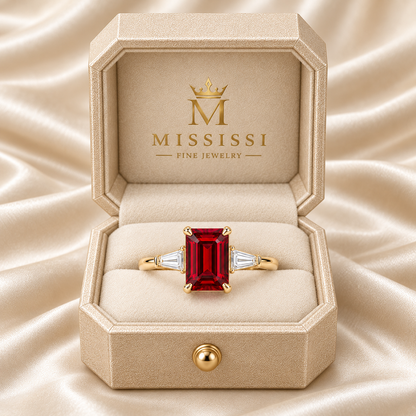 MISSISSI Red Meridian lab-grown ruby ring in yellow gold, displayed in champagne octagonal packaging with crown M branding; design visualization.