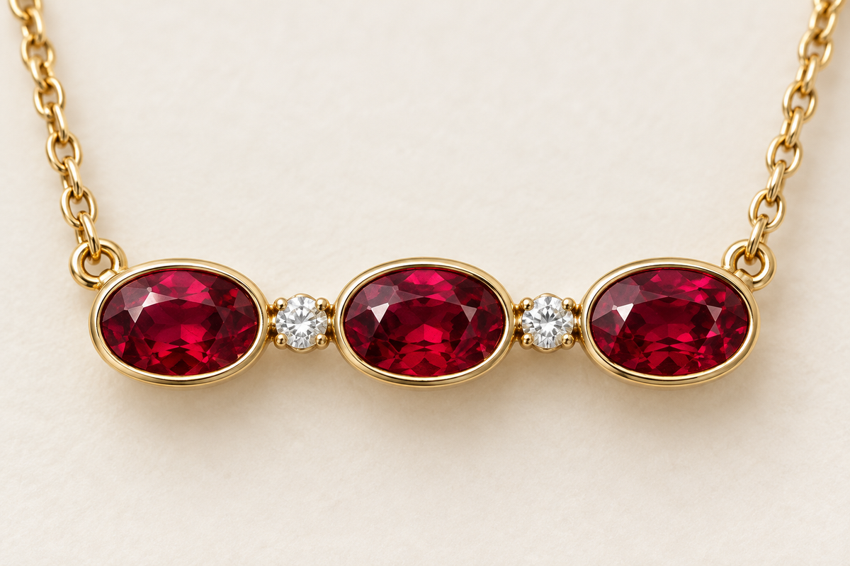 MISSISSI Red Horizon lab-grown ruby necklace, yellow gold, setting macro design visualization