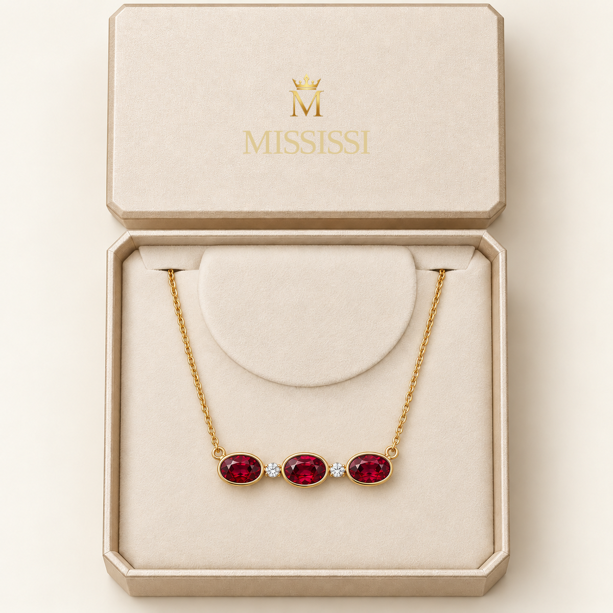 MISSISSI Red Horizon lab-grown ruby necklace, yellow gold, packaging design visualization