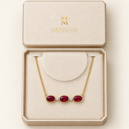 MISSISSI Red Horizon lab-grown ruby necklace, yellow gold, packaging design visualization