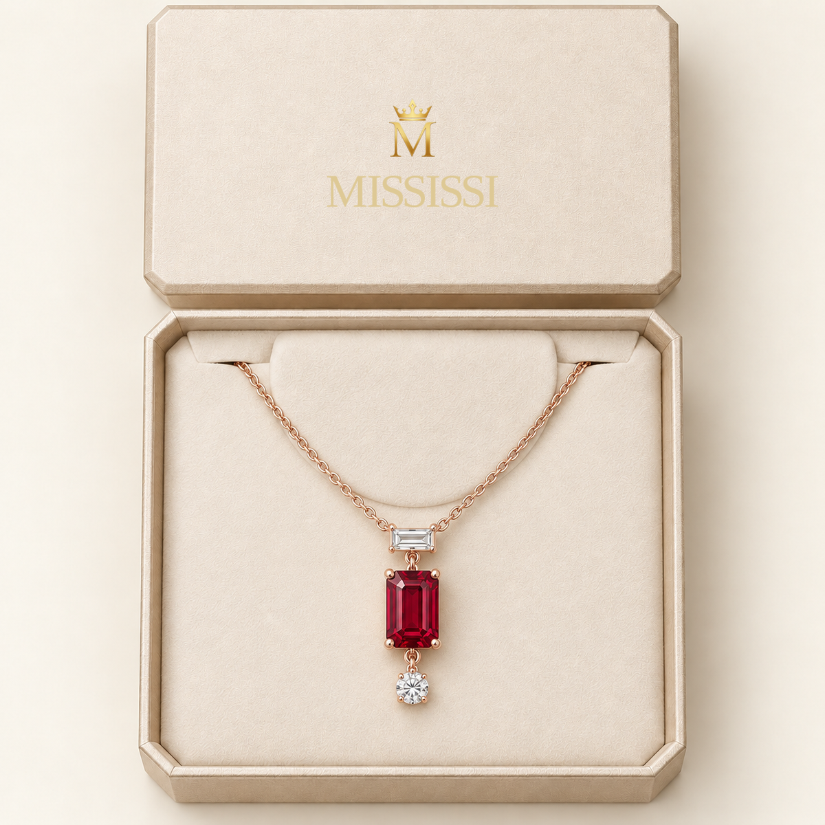 MISSISSI Pendant Interval lab-grown ruby necklace, rose gold, packaging design visualization