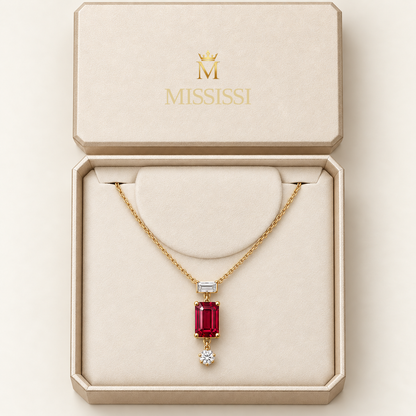 MISSISSI Pendant Interval lab-grown ruby necklace, yellow gold, packaging design visualization