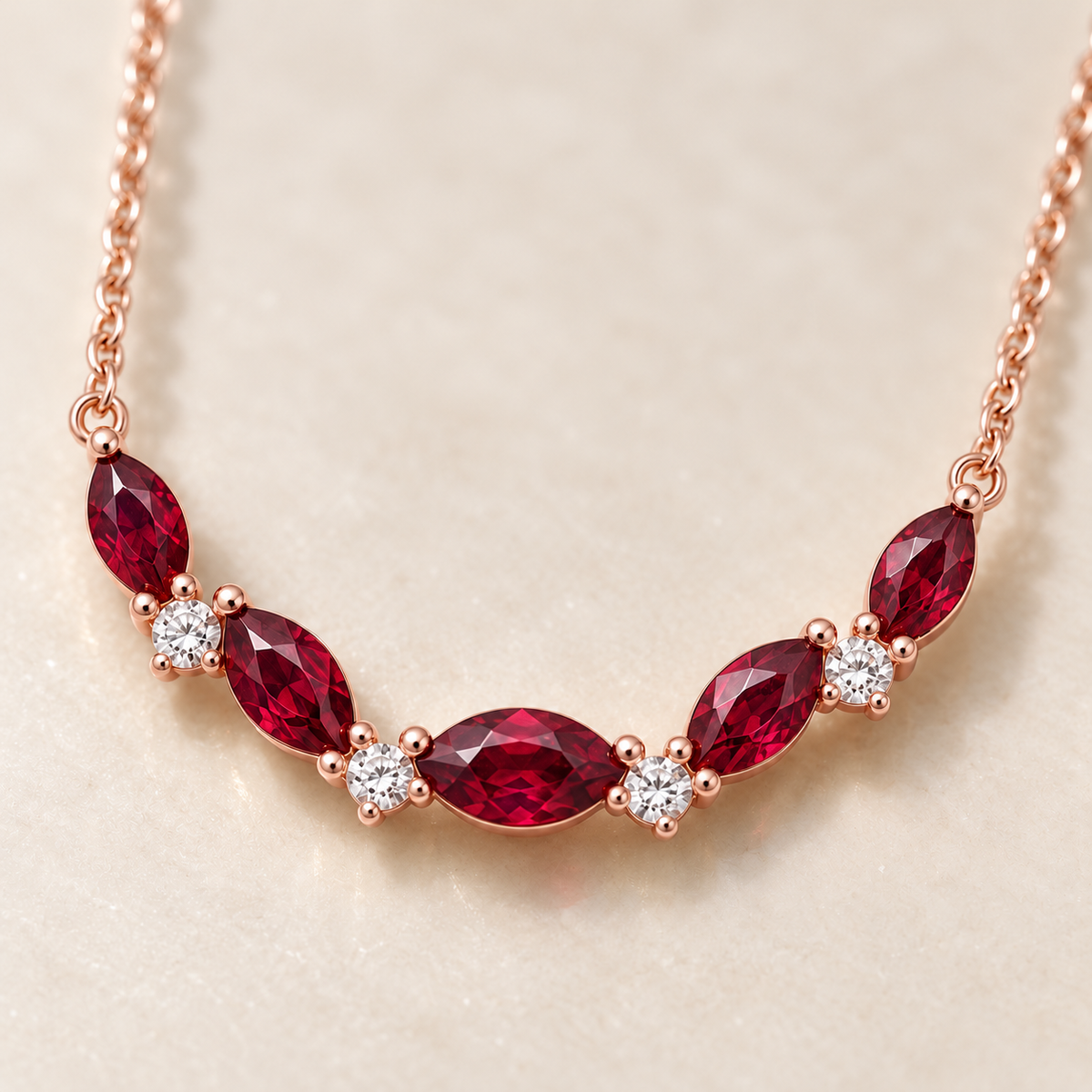 MISSISSI Crimson Crescent lab-grown ruby necklace, rose gold, setting macro design visualization