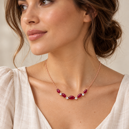 MISSISSI Crimson Crescent lab-grown ruby necklace, rose gold, adult worn design visualization