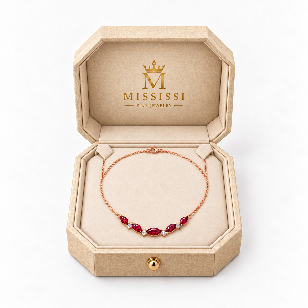 MISSISSI Crimson Crescent lab-grown ruby necklace in rose gold, presented in champagne octagonal packaging with crown M branding; design visualization.