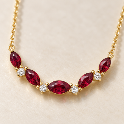 MISSISSI Crimson Crescent lab-grown ruby necklace, yellow gold, setting macro design visualization