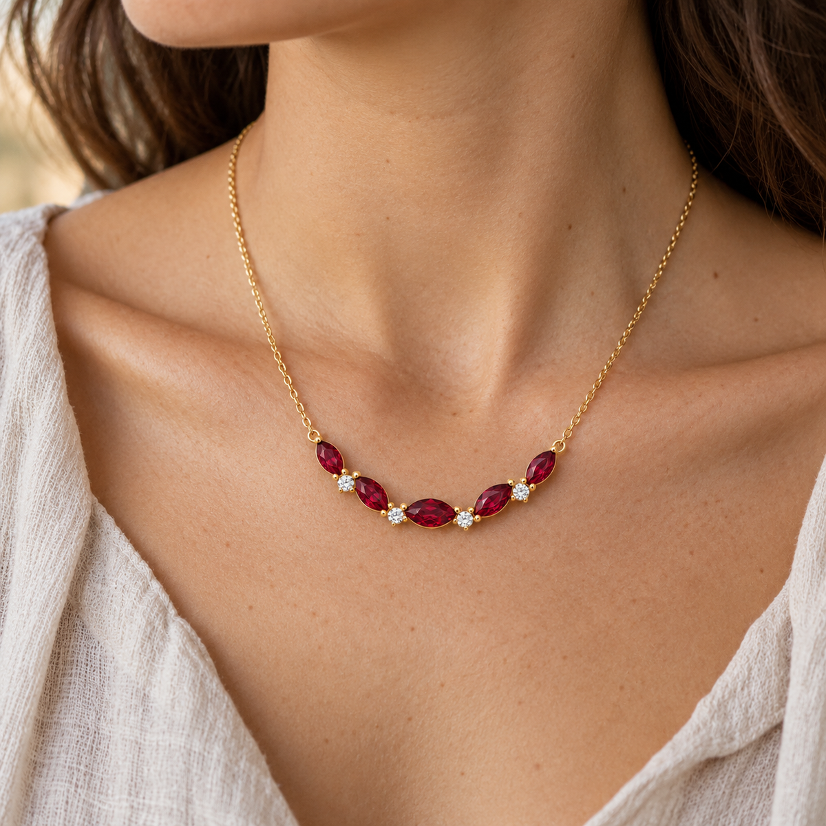 MISSISSI Crimson Crescent lab-grown ruby necklace, yellow gold, adult worn design visualization