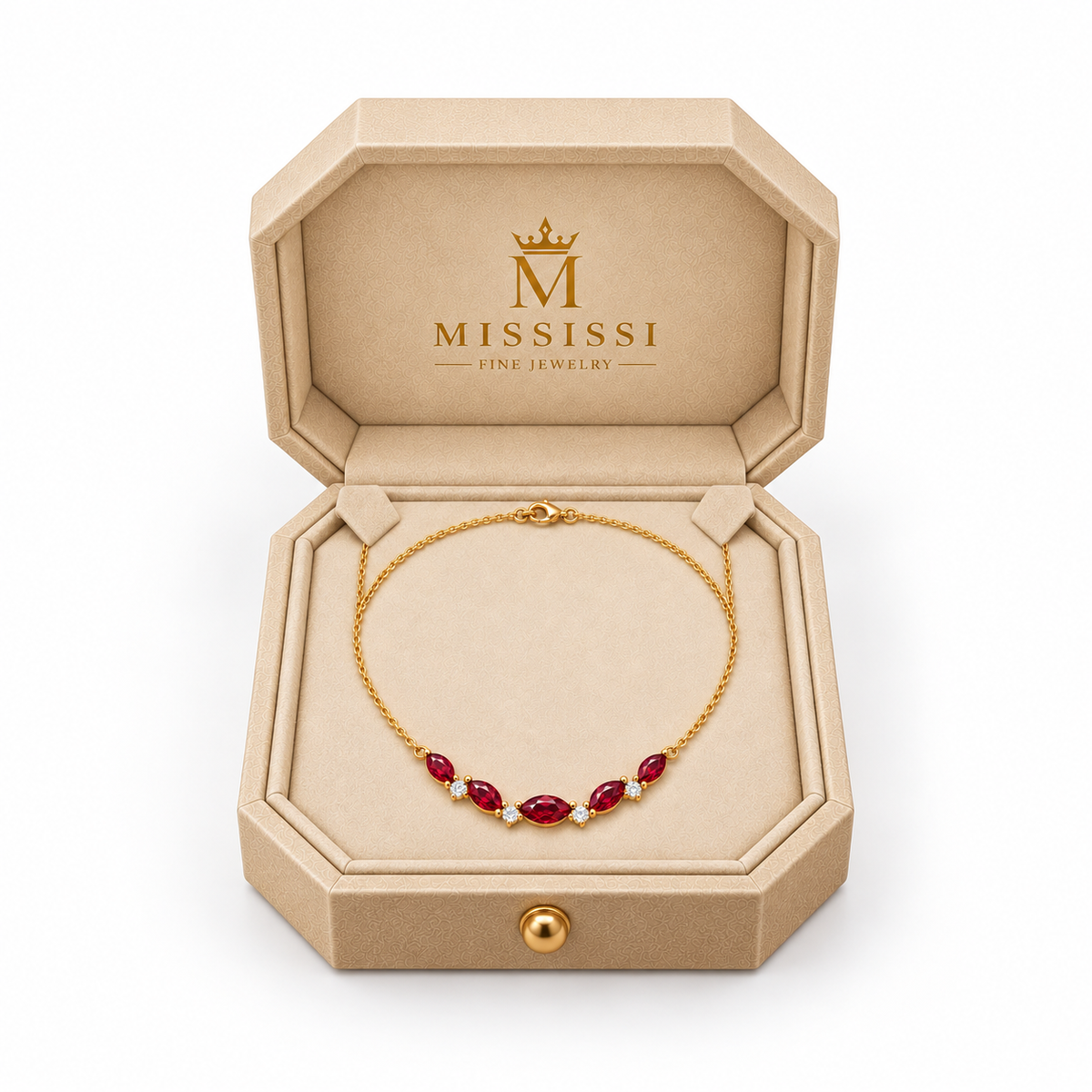 MISSISSI Crimson Crescent lab-grown ruby necklace in yellow gold, presented in champagne octagonal packaging with crown M branding; design visualization.
