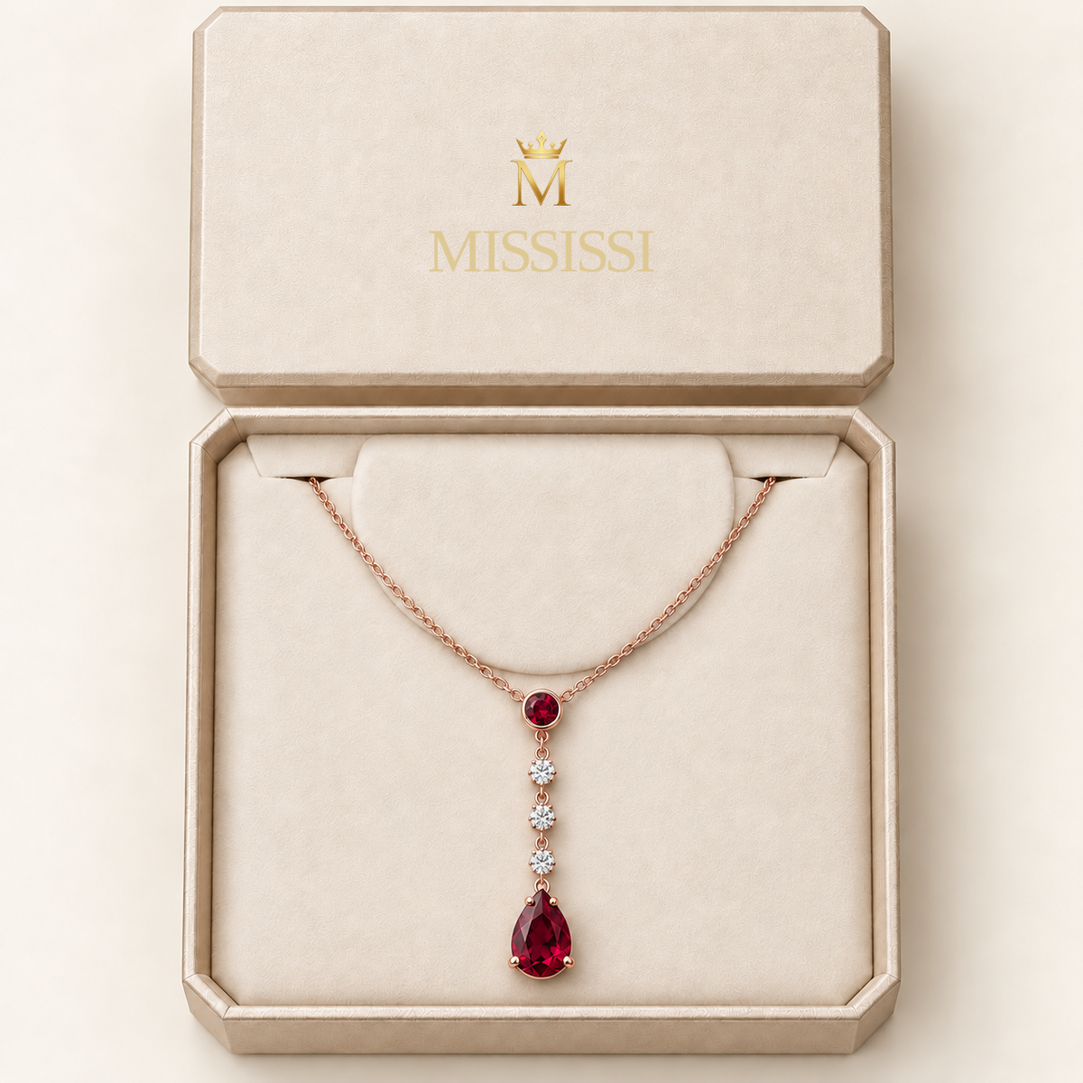 MISSISSI Ruby Punctuation lab-grown ruby necklace, rose gold, packaging design visualization