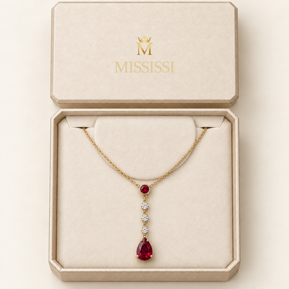 MISSISSI Ruby Punctuation lab-grown ruby necklace, yellow gold, packaging design visualization