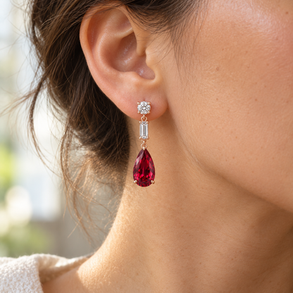 MISSISSI Ruby Taper lab-grown ruby earrings, rose gold, worn design visualization