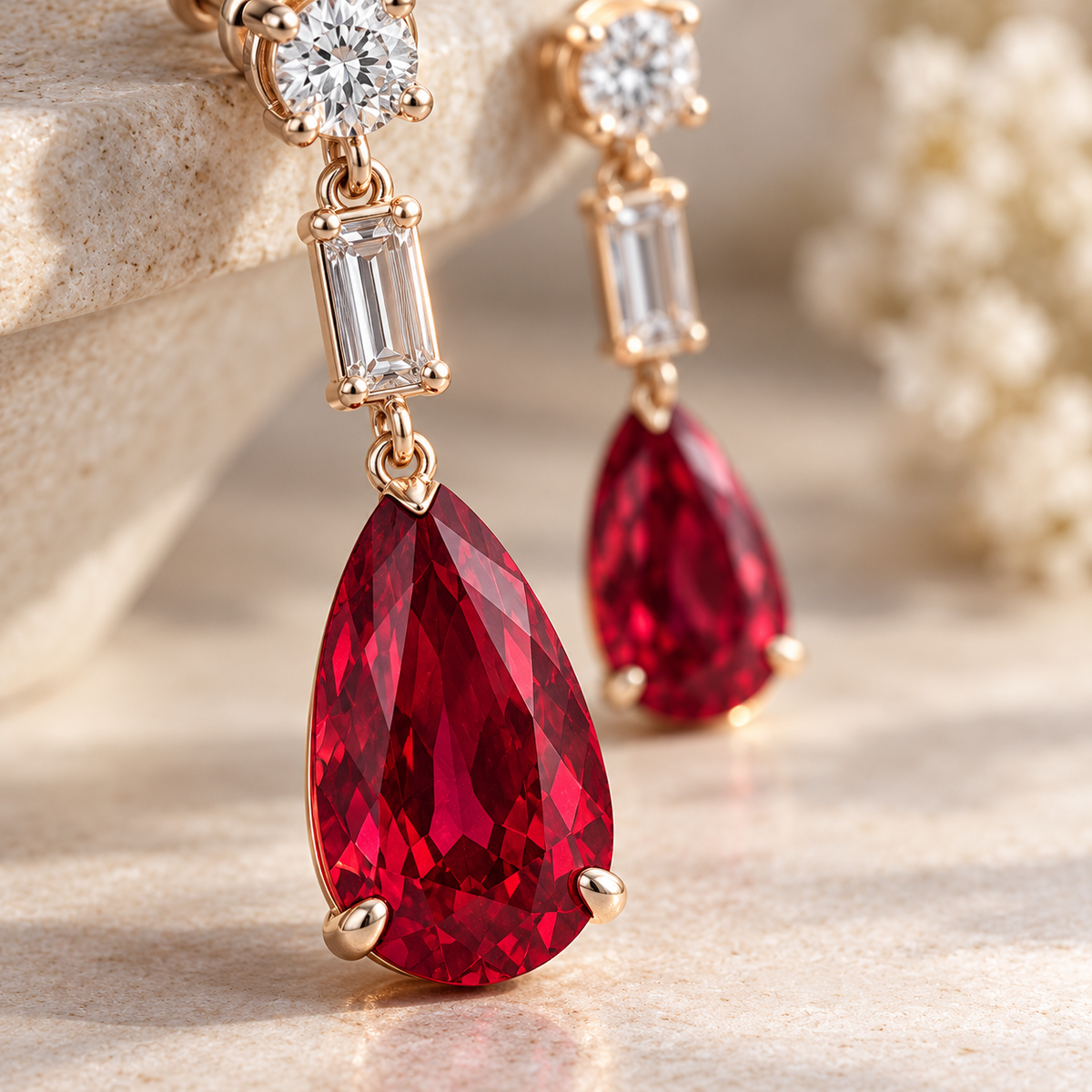 MISSISSI Ruby Taper lab-grown ruby earrings, rose gold, macro design visualization