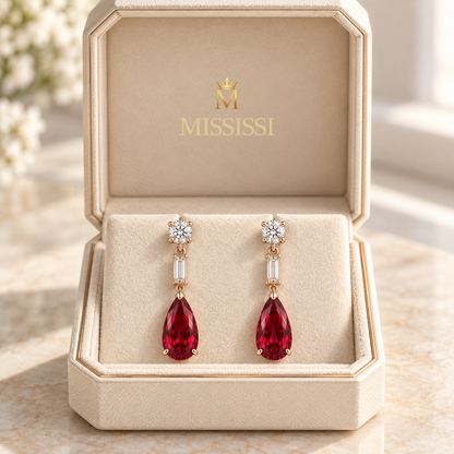 MISSISSI Ruby Taper lab-grown ruby earrings, rose gold, packaging design visualization