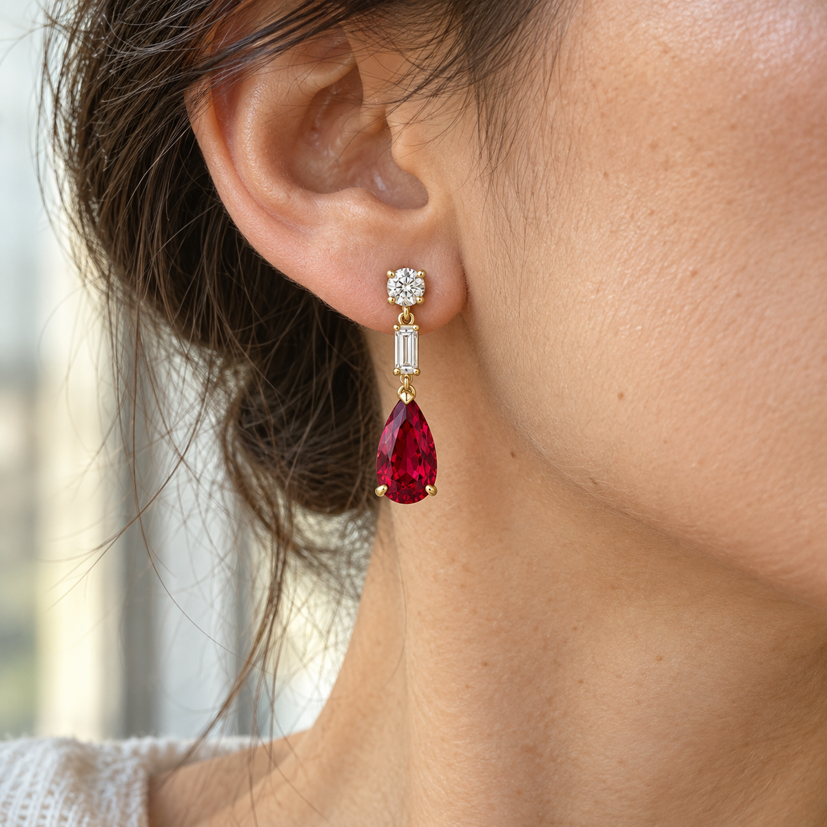 MISSISSI Ruby Taper lab-grown ruby earrings, yellow gold, worn design visualization