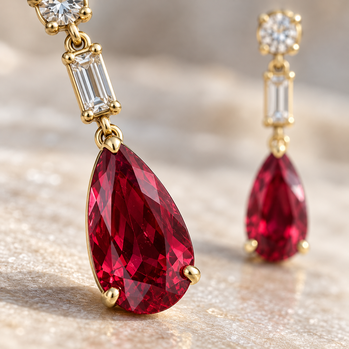MISSISSI Ruby Taper lab-grown ruby earrings, yellow gold, macro design visualization