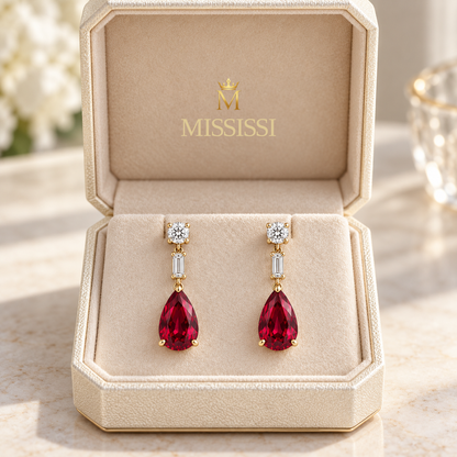 MISSISSI Ruby Taper lab-grown ruby earrings, yellow gold, packaging design visualization