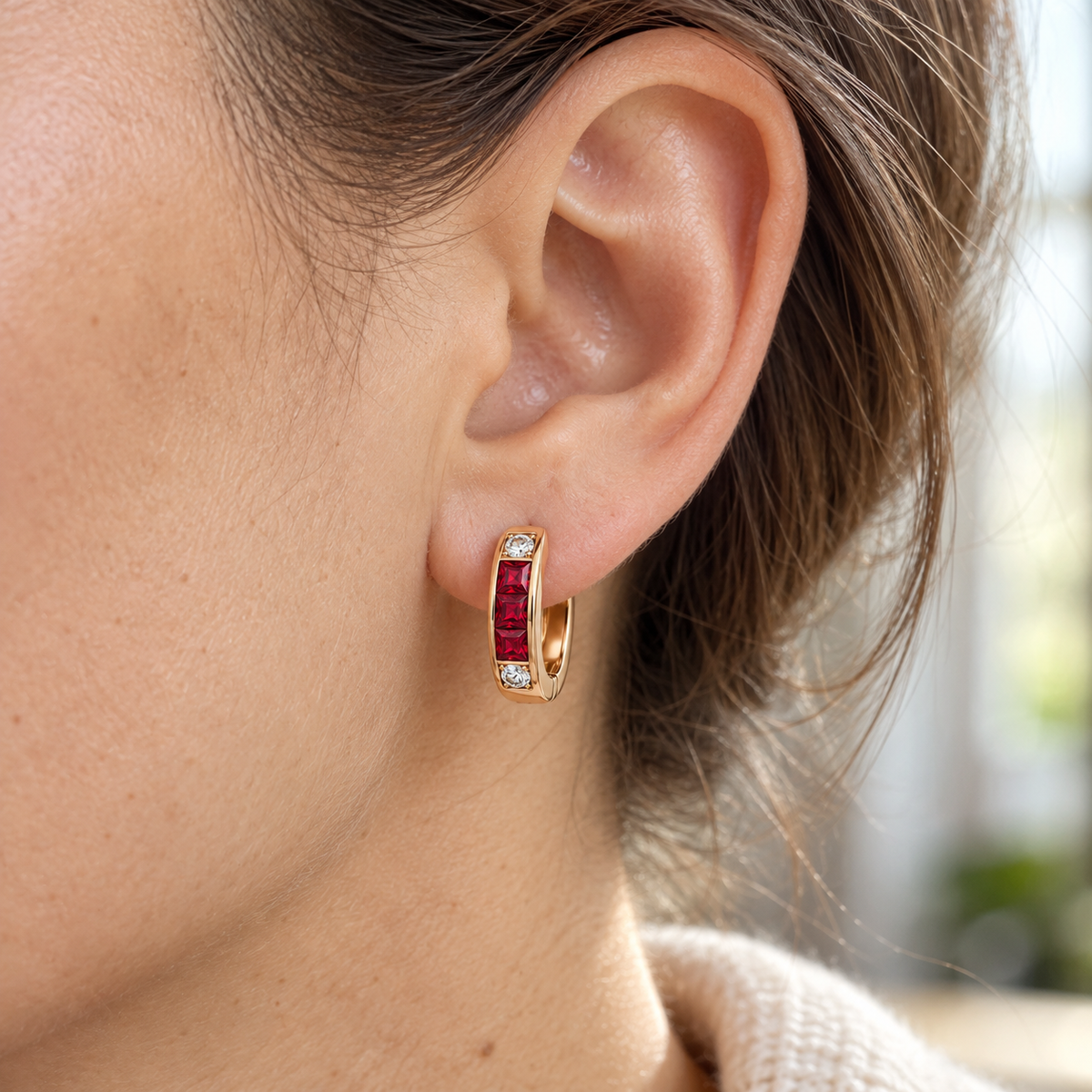 MISSISSI Scarlet Huggies lab-grown ruby earrings, rose gold, worn design visualization