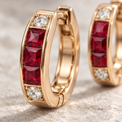 MISSISSI Scarlet Huggies lab-grown ruby earrings, rose gold, macro design visualization