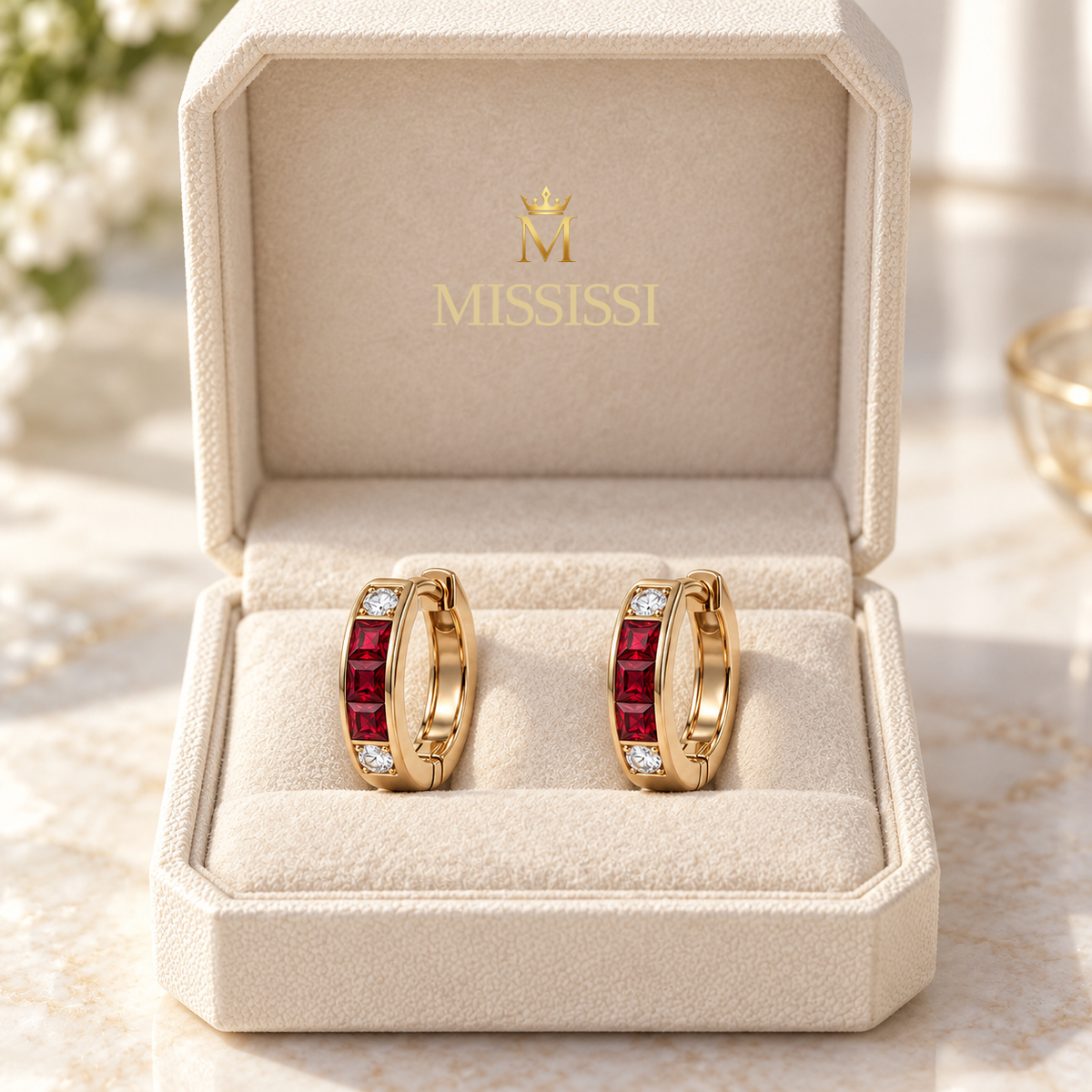MISSISSI Scarlet Huggies lab-grown ruby earrings, rose gold, packaging design visualization