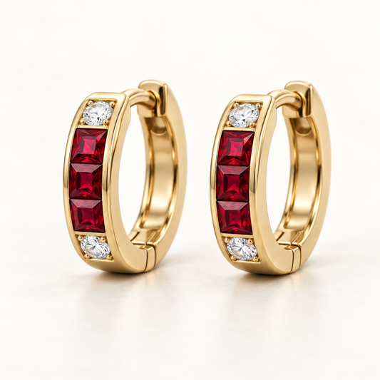 MISSISSI Scarlet Huggies lab-grown ruby earrings, yellow gold, hero design visualization