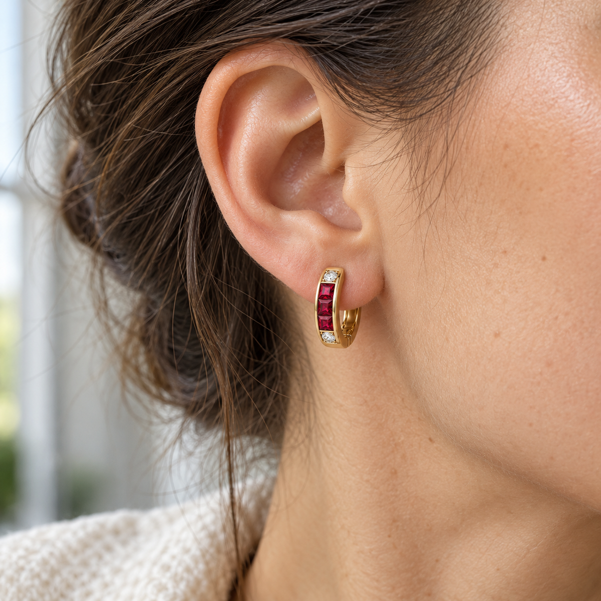 MISSISSI Scarlet Huggies lab-grown ruby earrings, yellow gold, worn design visualization