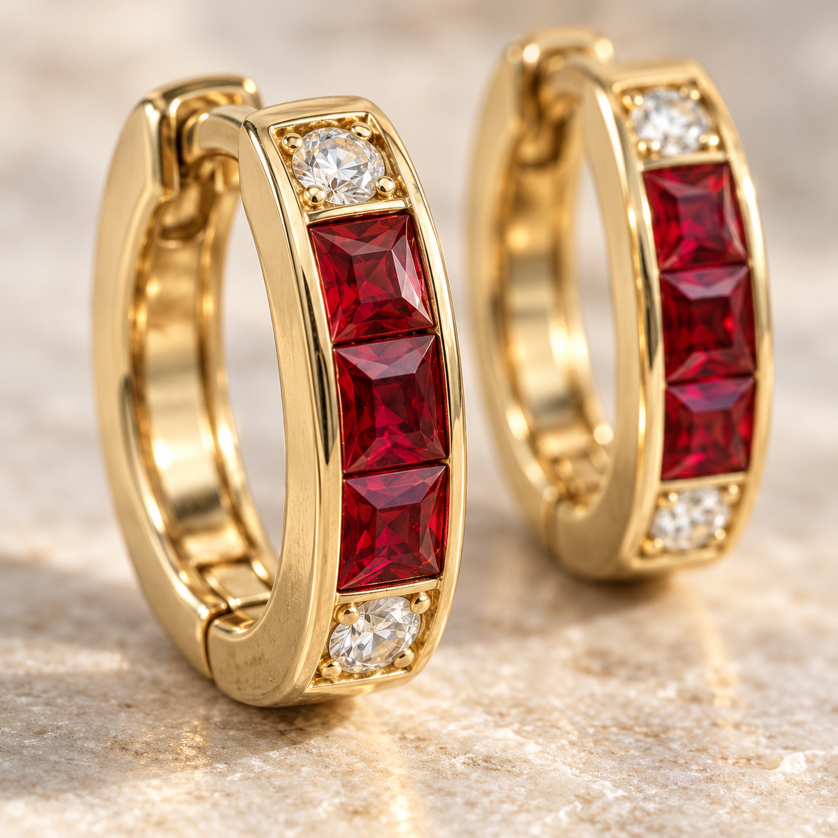 MISSISSI Scarlet Huggies lab-grown ruby earrings, yellow gold, macro design visualization