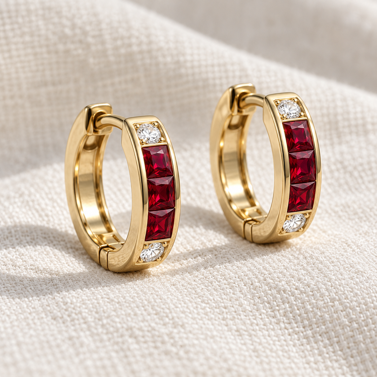 MISSISSI Scarlet Huggies lab-grown ruby earrings, yellow gold, profile design visualization