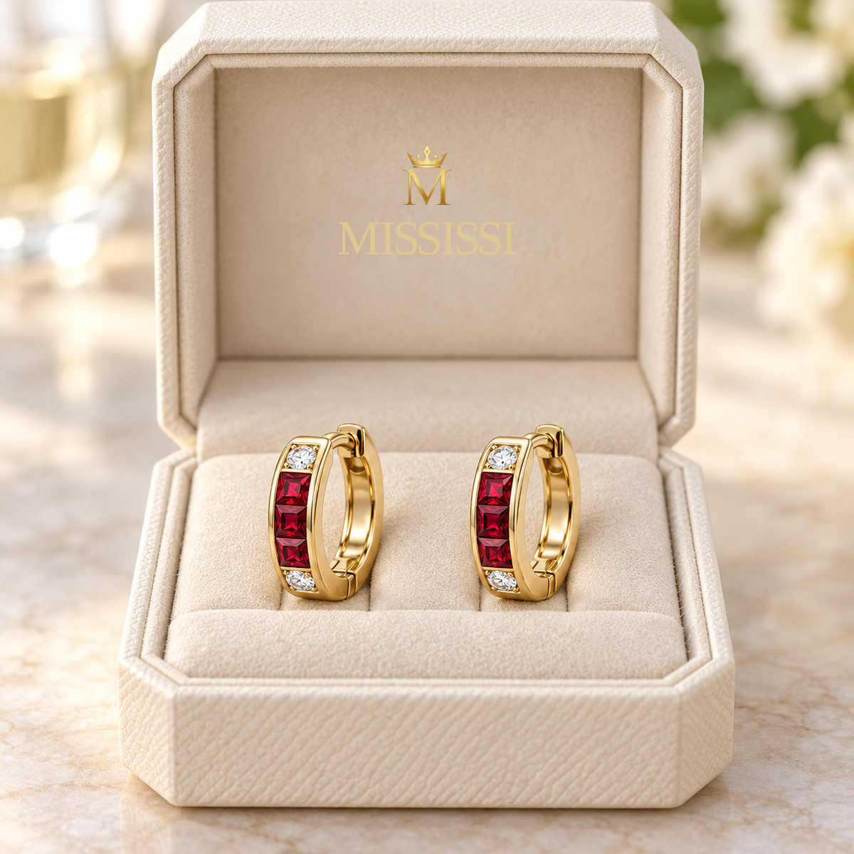 MISSISSI Scarlet Huggies lab-grown ruby earrings, yellow gold, packaging design visualization