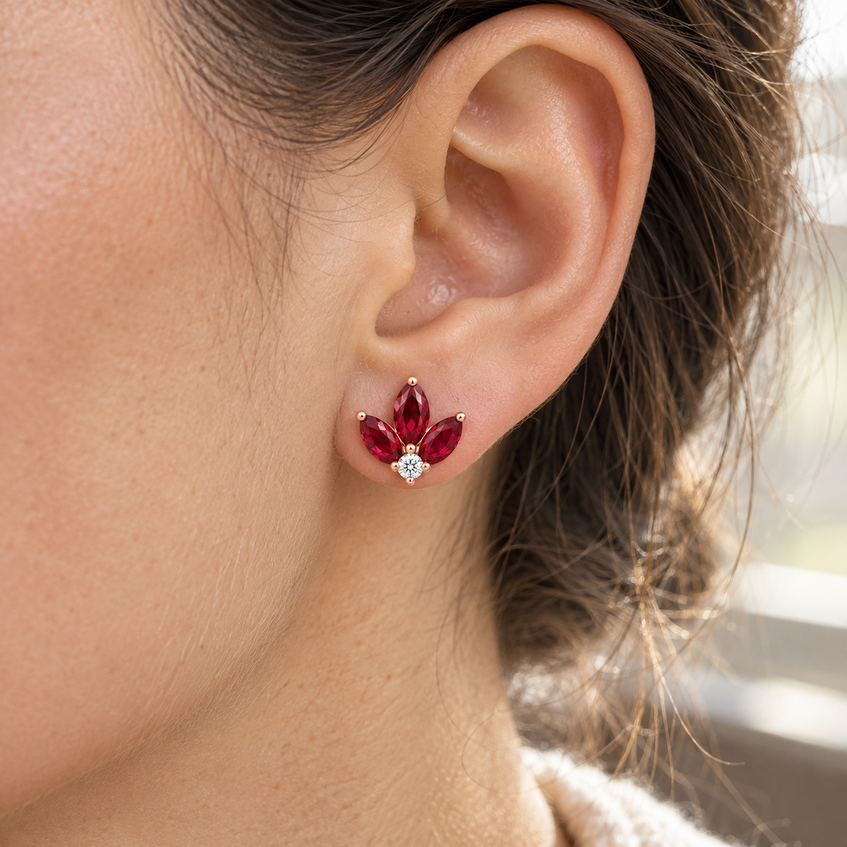 MISSISSI Red Fan lab-grown ruby earrings, rose gold, worn design visualization