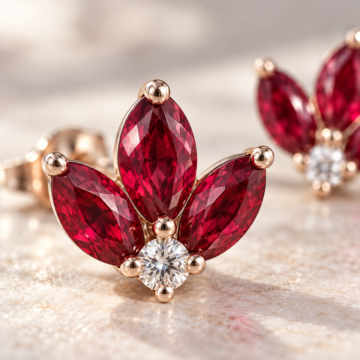 MISSISSI Red Fan lab-grown ruby earrings, rose gold, macro design visualization