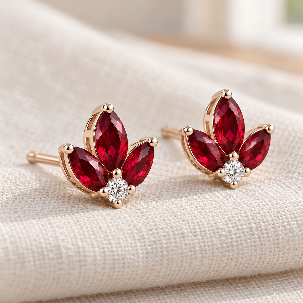MISSISSI Red Fan lab-grown ruby earrings, rose gold, profile design visualization