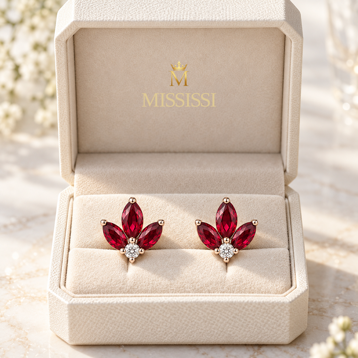 MISSISSI Red Fan lab-grown ruby earrings, rose gold, packaging design visualization
