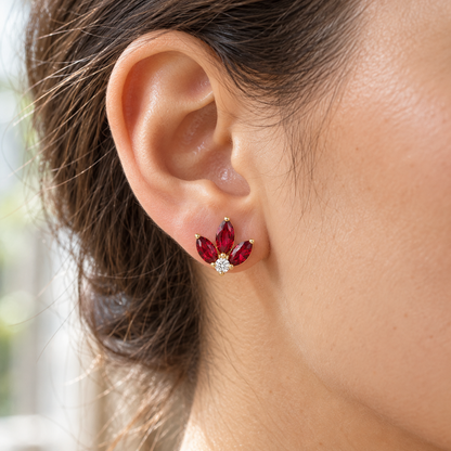 MISSISSI Red Fan lab-grown ruby earrings, yellow gold, worn design visualization