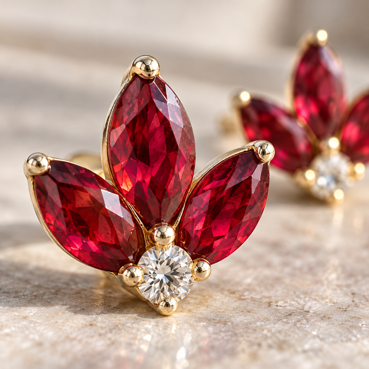 MISSISSI Red Fan lab-grown ruby earrings, yellow gold, macro design visualization