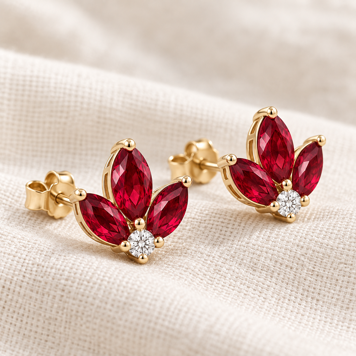 MISSISSI Red Fan lab-grown ruby earrings, yellow gold, profile design visualization