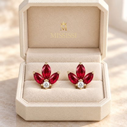 MISSISSI Red Fan lab-grown ruby earrings, yellow gold, packaging design visualization