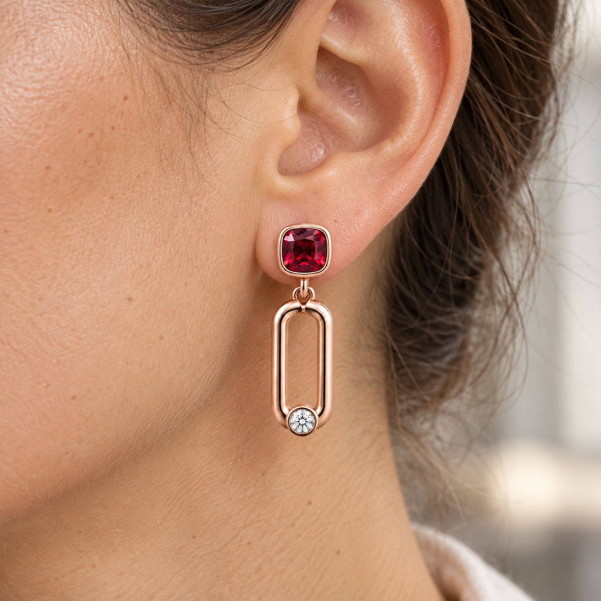 MISSISSI Crimson Link lab-grown ruby earrings, rose gold, worn design visualization