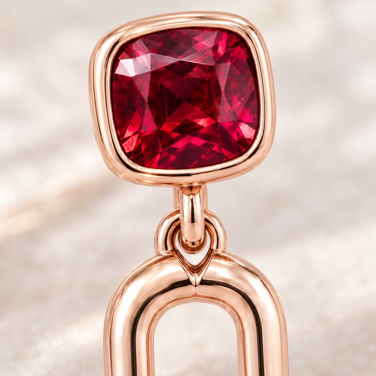 MISSISSI Crimson Link lab-grown ruby earrings, rose gold, macro design visualization