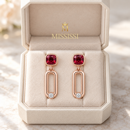 MISSISSI Crimson Link lab-grown ruby earrings, rose gold, packaging design visualization