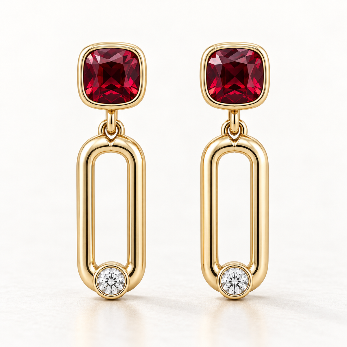 MISSISSI Crimson Link lab-grown ruby earrings, yellow gold, hero design visualization