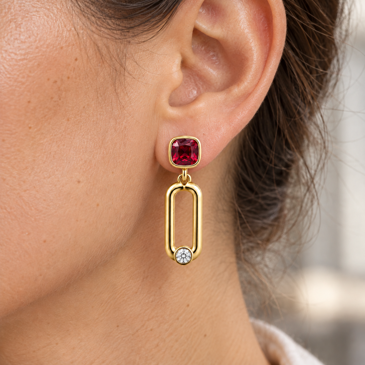 MISSISSI Crimson Link lab-grown ruby earrings, yellow gold, worn design visualization