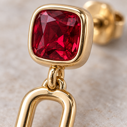 MISSISSI Crimson Link lab-grown ruby earrings, yellow gold, macro design visualization